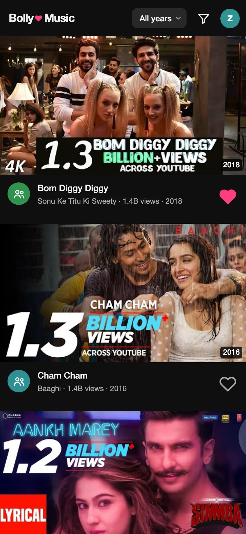 The song list in Bolly Music